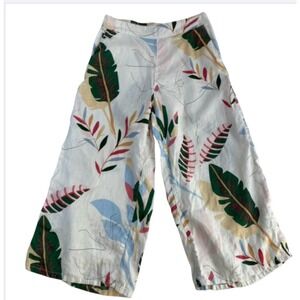 Cynthia Rowley 100% Linen Pants Women Sz L White Tropical Wide Leg Crop Pull On